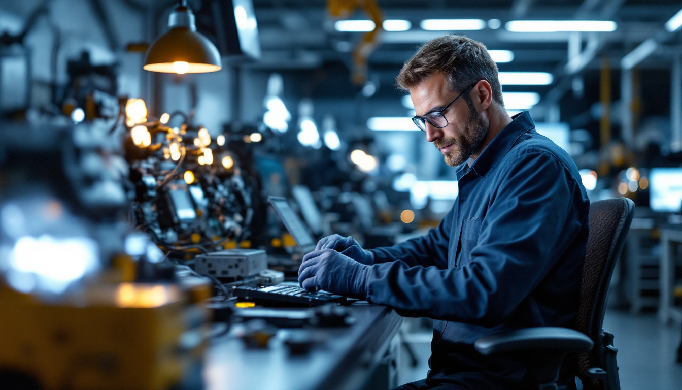 A photograph of a skilled electrical engineer working in a modern automotive lab