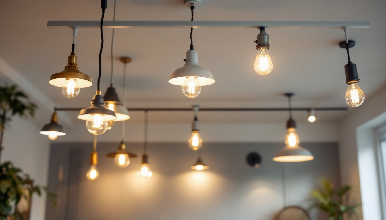 A photograph of a well-lit interior space showcasing various light fixtures with visible replacement parts