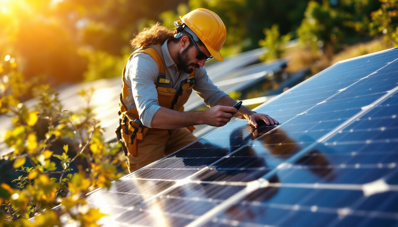 A photograph of a solar panel installation with an electrical engineer examining the setup