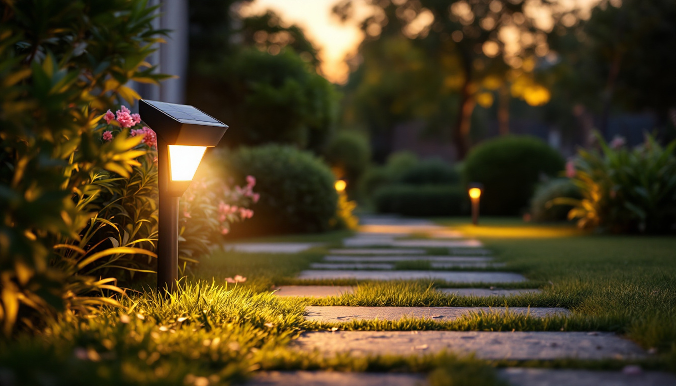 A photograph of a beautifully designed solar outside light illuminating a garden pathway at dusk