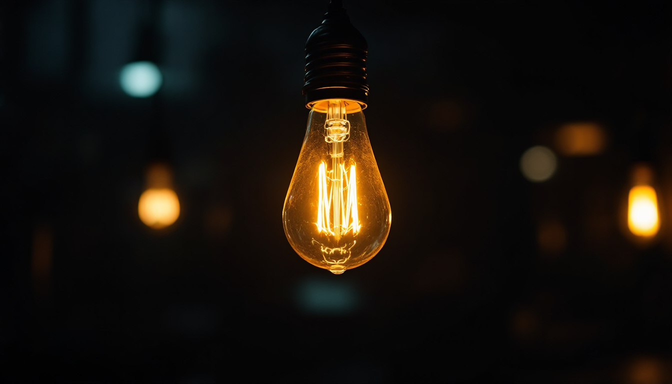 A photograph of a vintage light bulb illuminated in a dark setting