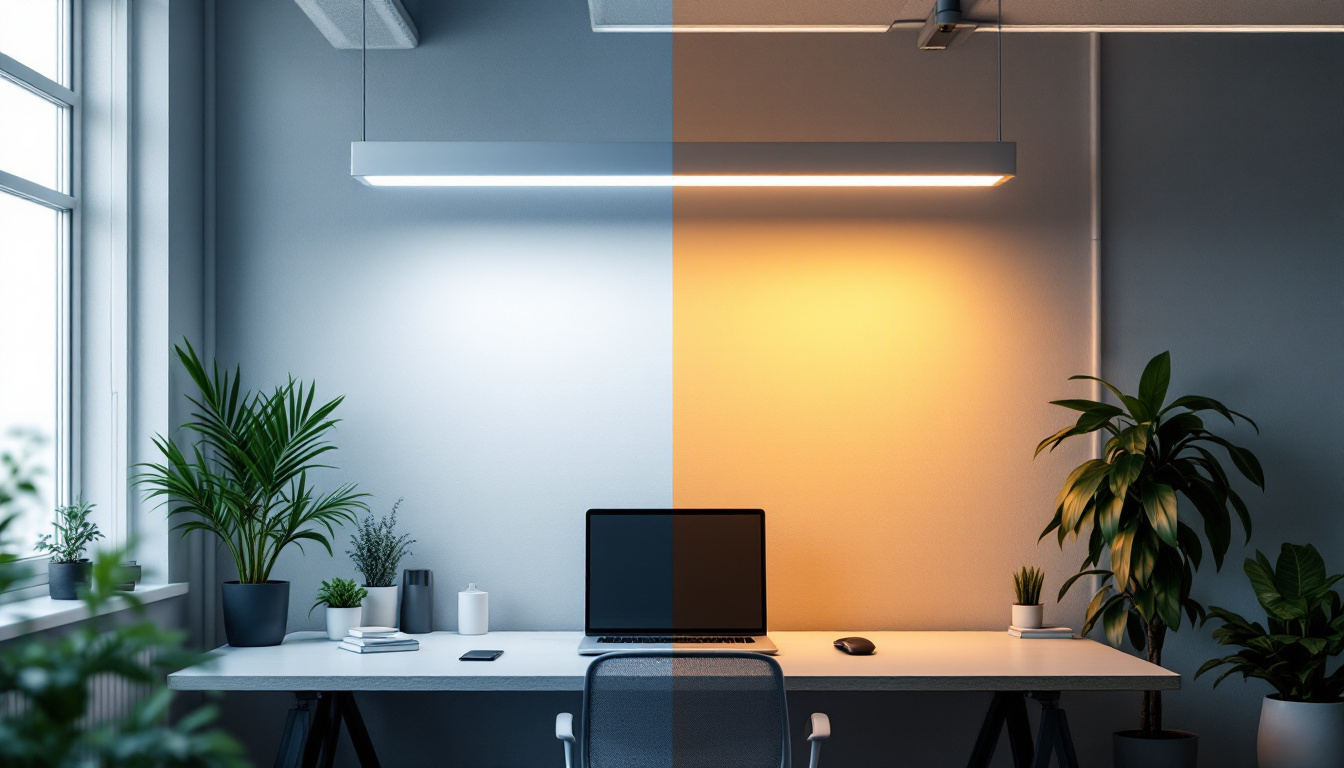A photograph of a well-lit workspace showcasing both led and traditional fluorescent light fixtures in use
