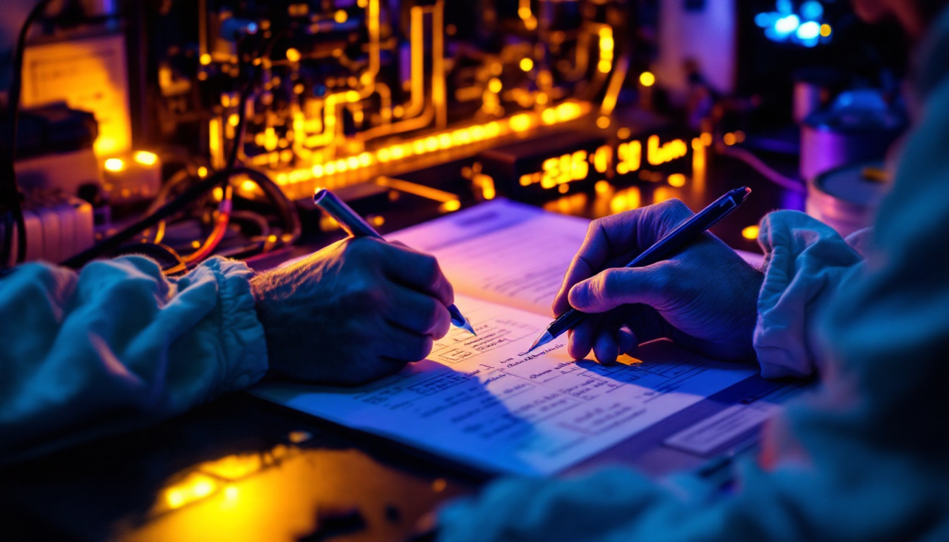 A photograph of a close-up shot of an electrical engineer working with uv and uvc light equipment in a lab setting