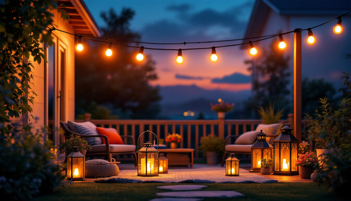 A photograph of a beautifully lit outdoor space featuring a variety of affordable outdoor lighting options