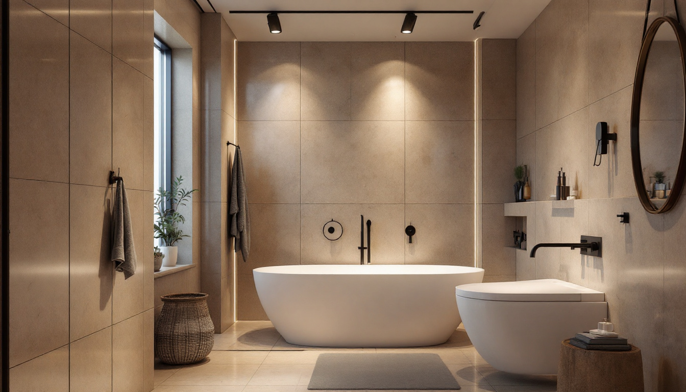 A photograph of a stylish bathroom featuring modern track lighting