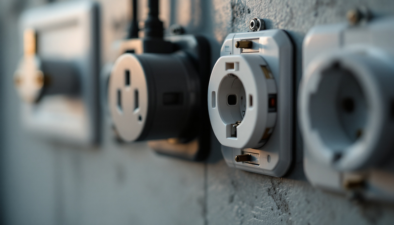 A photograph of a close-up of various dryer plugs and their corresponding outlets