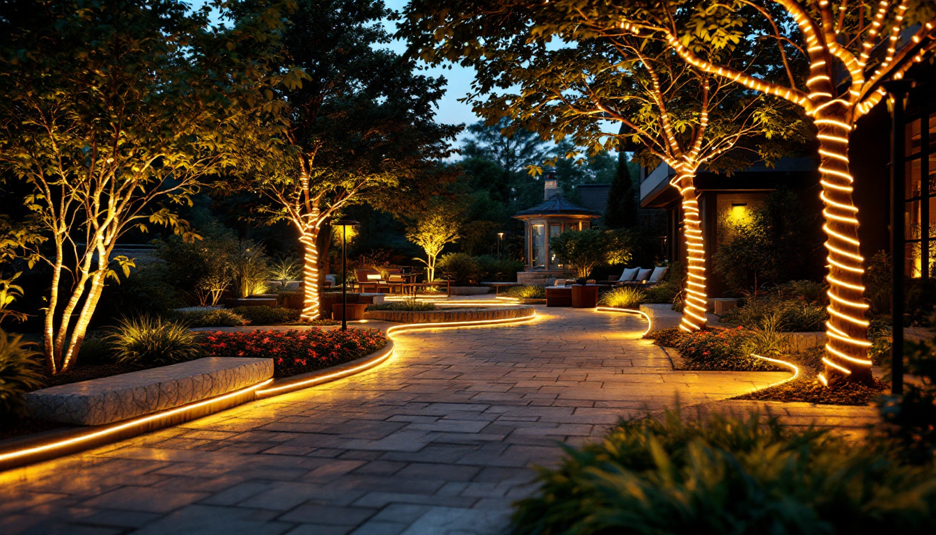 A photograph of a beautifully illuminated outdoor space featuring solar outdoor led rope lights