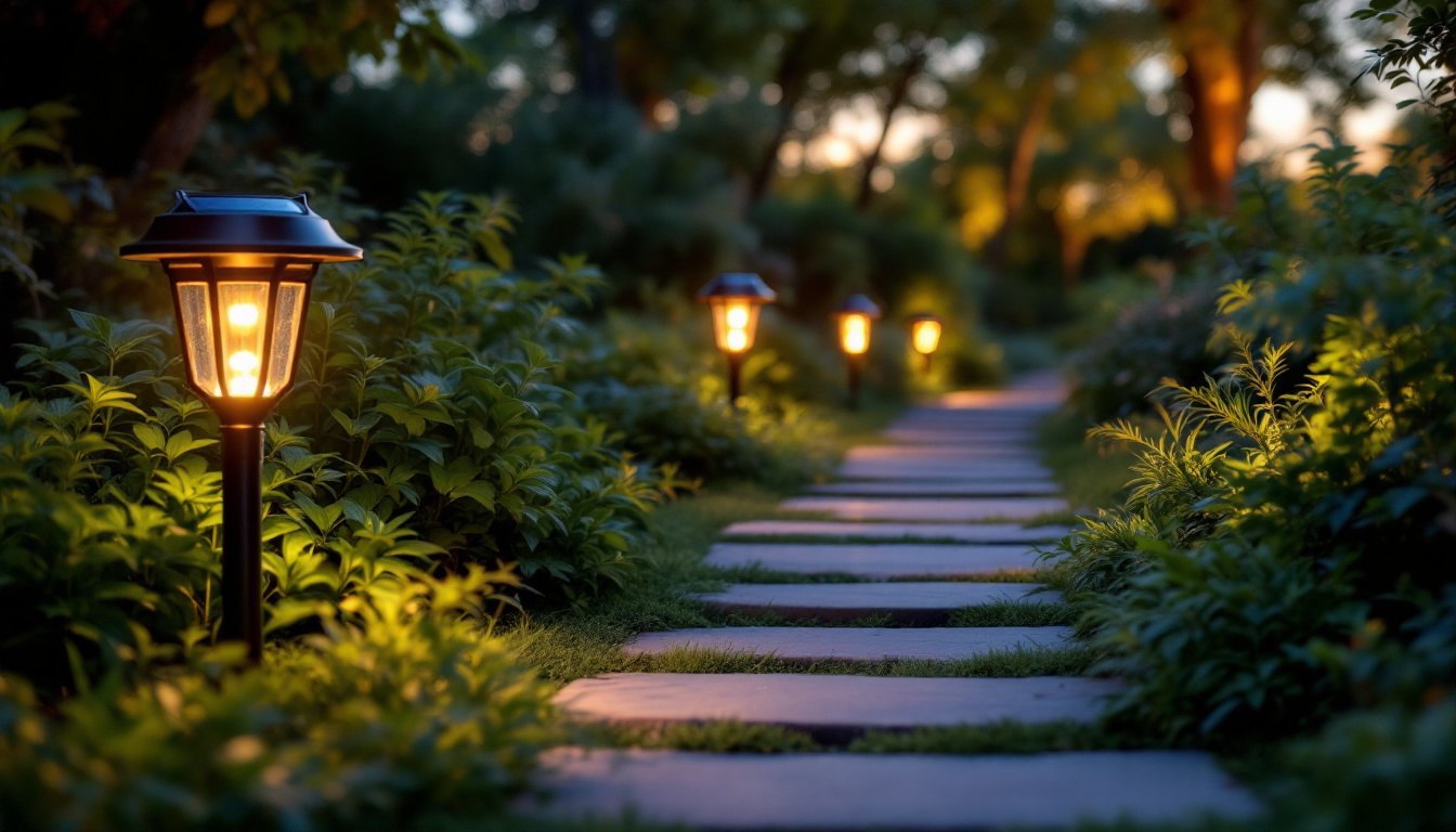 A photograph of a beautifully illuminated garden pathway at dusk