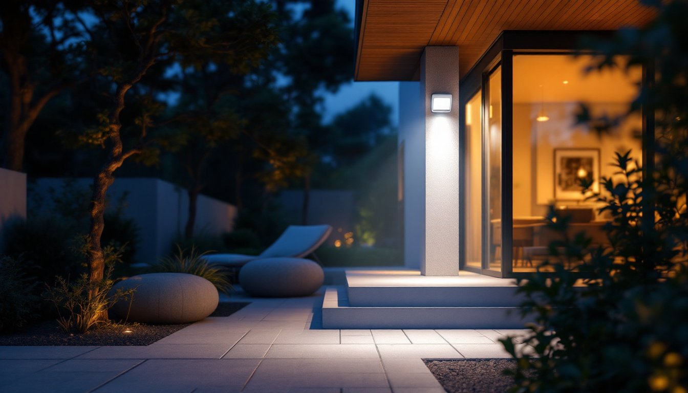 A photograph of a modern outdoor lighting setup featuring a floodlight motion sensor in action