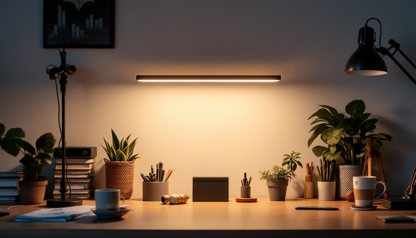 A photograph of a well-lit workspace featuring a stylishly arranged led linkable shop light in action