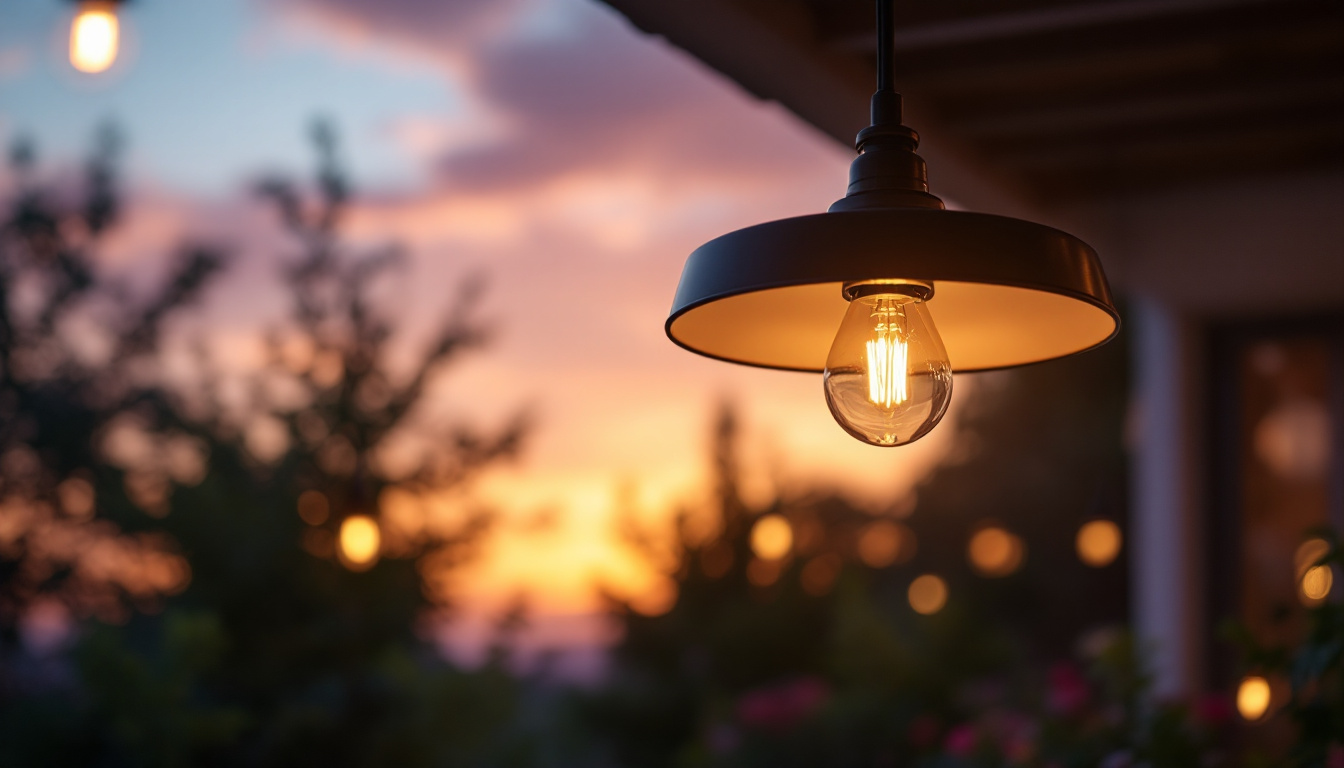 A photograph of a beautifully designed outdoor ceiling light fixture illuminating a cozy patio or garden setting at dusk