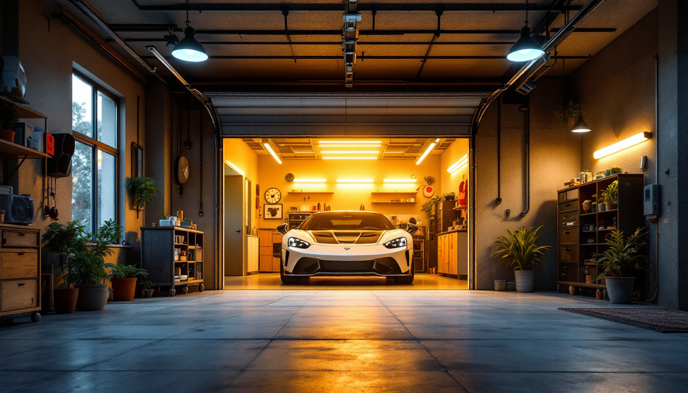 A photograph of a well-lit garage space showcasing a blend of functional and aesthetic lighting options