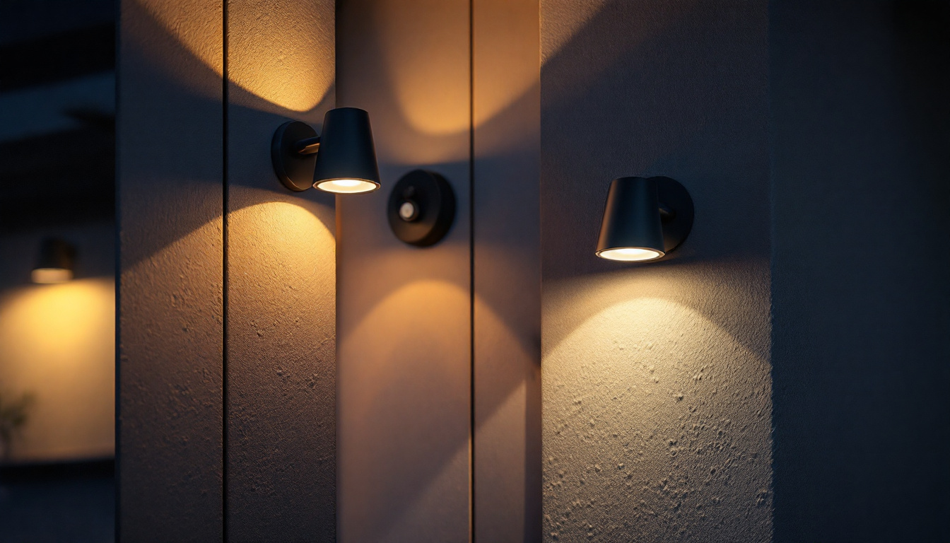 A photograph of a modern outdoor lighting setup featuring motion sensors in action