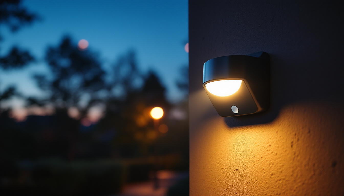 A photograph of a well-lit outdoor scene at dusk featuring a motion sensor light in action