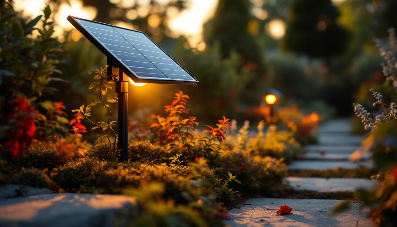 A photograph of a solar light installation in a garden setting during the golden hour