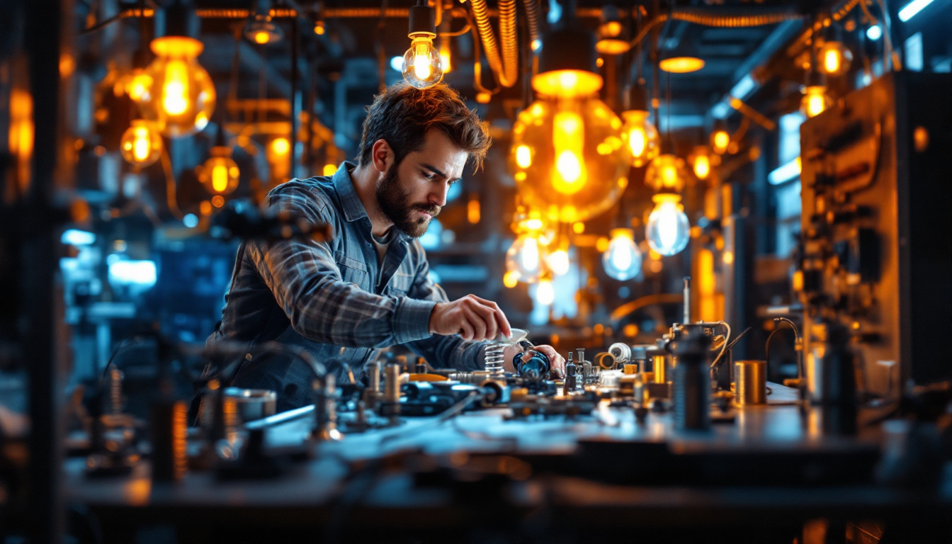 A photograph of a dynamic scene showcasing an electrical engineer at work