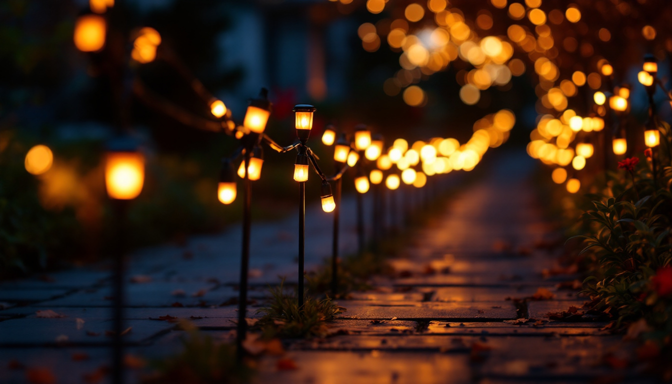 A photograph of a beautifully illuminated pathway lined with solar halloween pathway lights