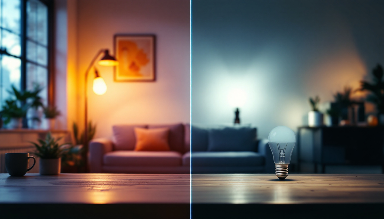 A photograph of a side-by-side comparison of a t5 led bulb and traditional lighting options in a well-lit room
