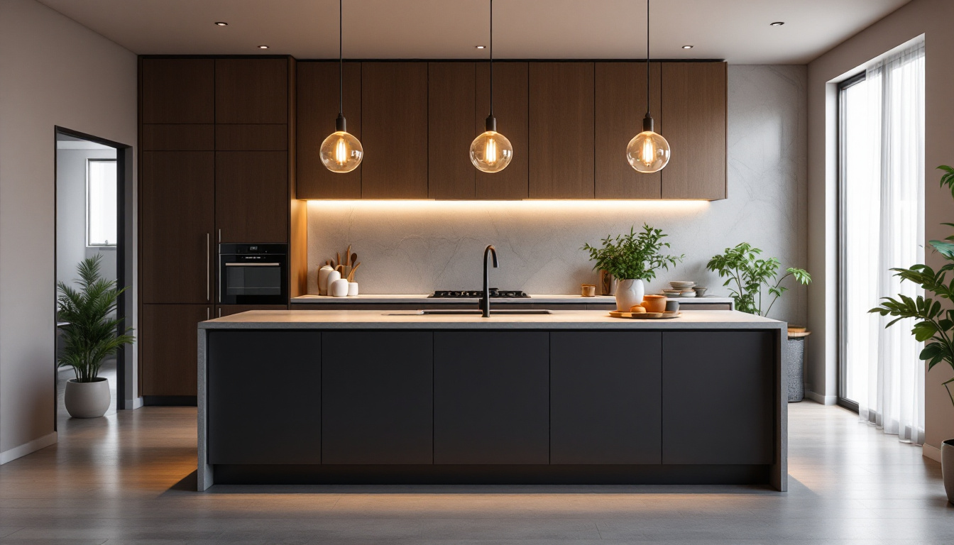 A photograph of a beautifully designed kitchen island illuminated by stylish pendant lights