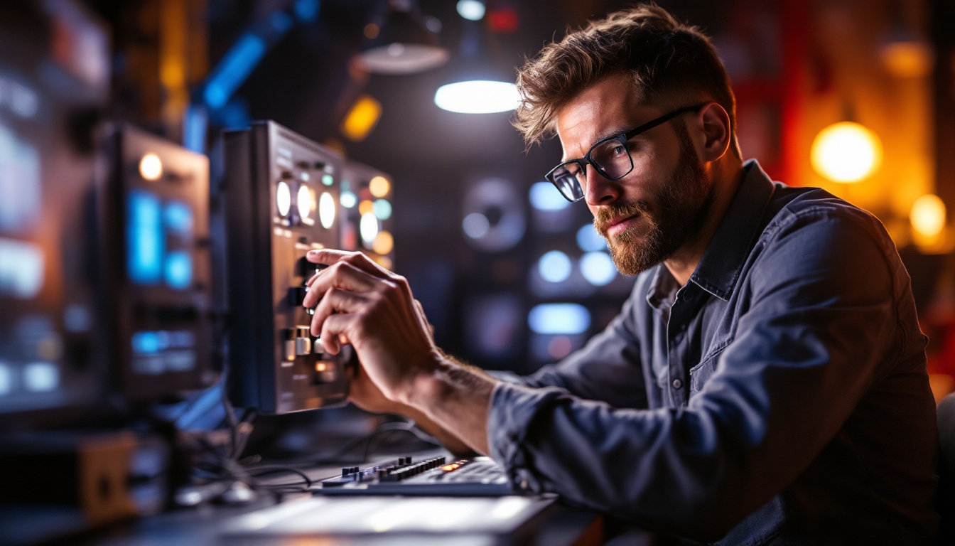 A photograph of a lighting engineer actively working with various plug-in switches