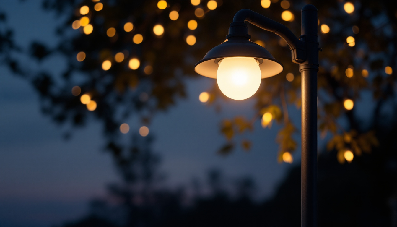 A photograph of a well-lit outdoor scene featuring a light pole with an integrated outlet