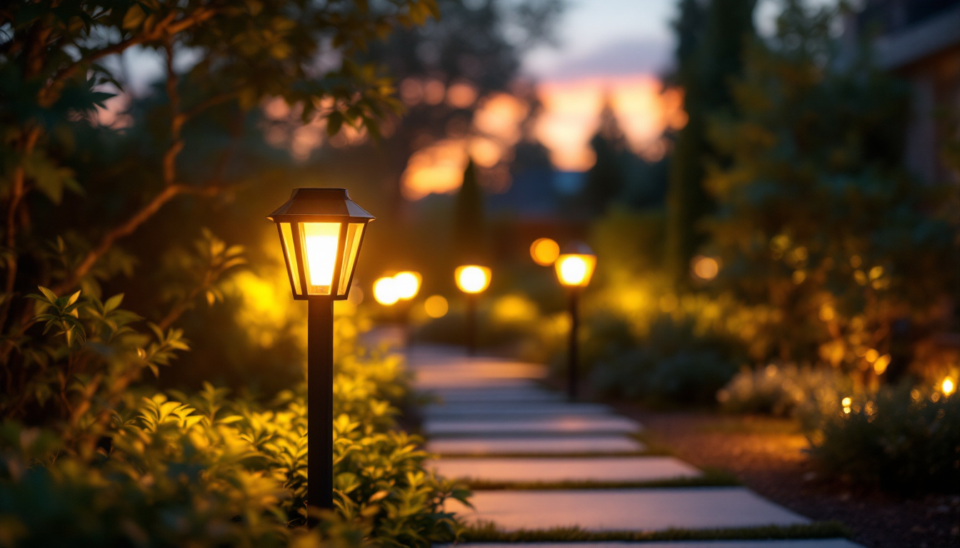 A photograph of a beautifully lit outdoor setting featuring solar sconce lights illuminating a pathway or garden area at dusk