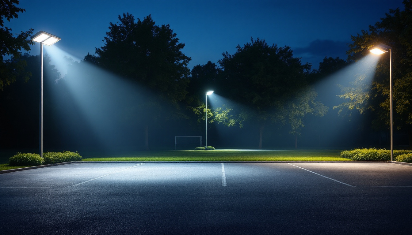 A photograph of a well-lit outdoor space showcasing various top-rated flood lights in action