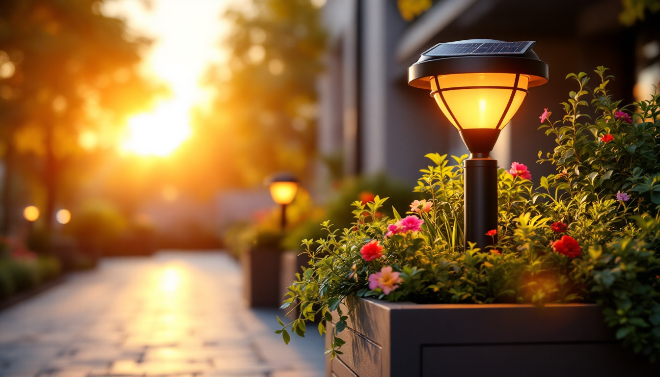 A photograph of a solar power lamp post integrated with a vibrant planter