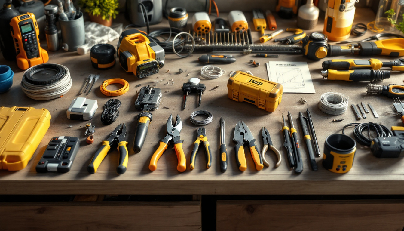 A photograph of a well-organized electrical tools kit displayed on a workbench