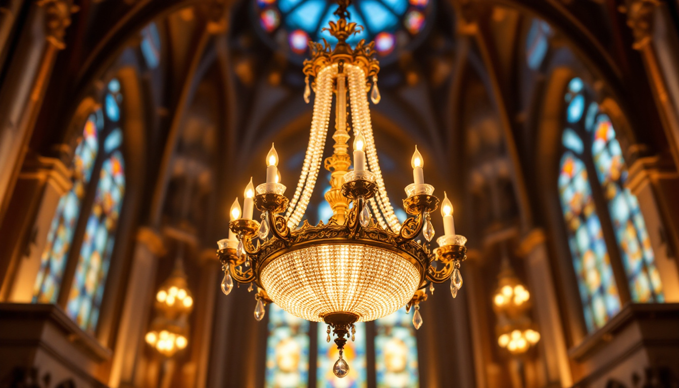 A photograph of a beautifully designed church chandelier illuminated by soft