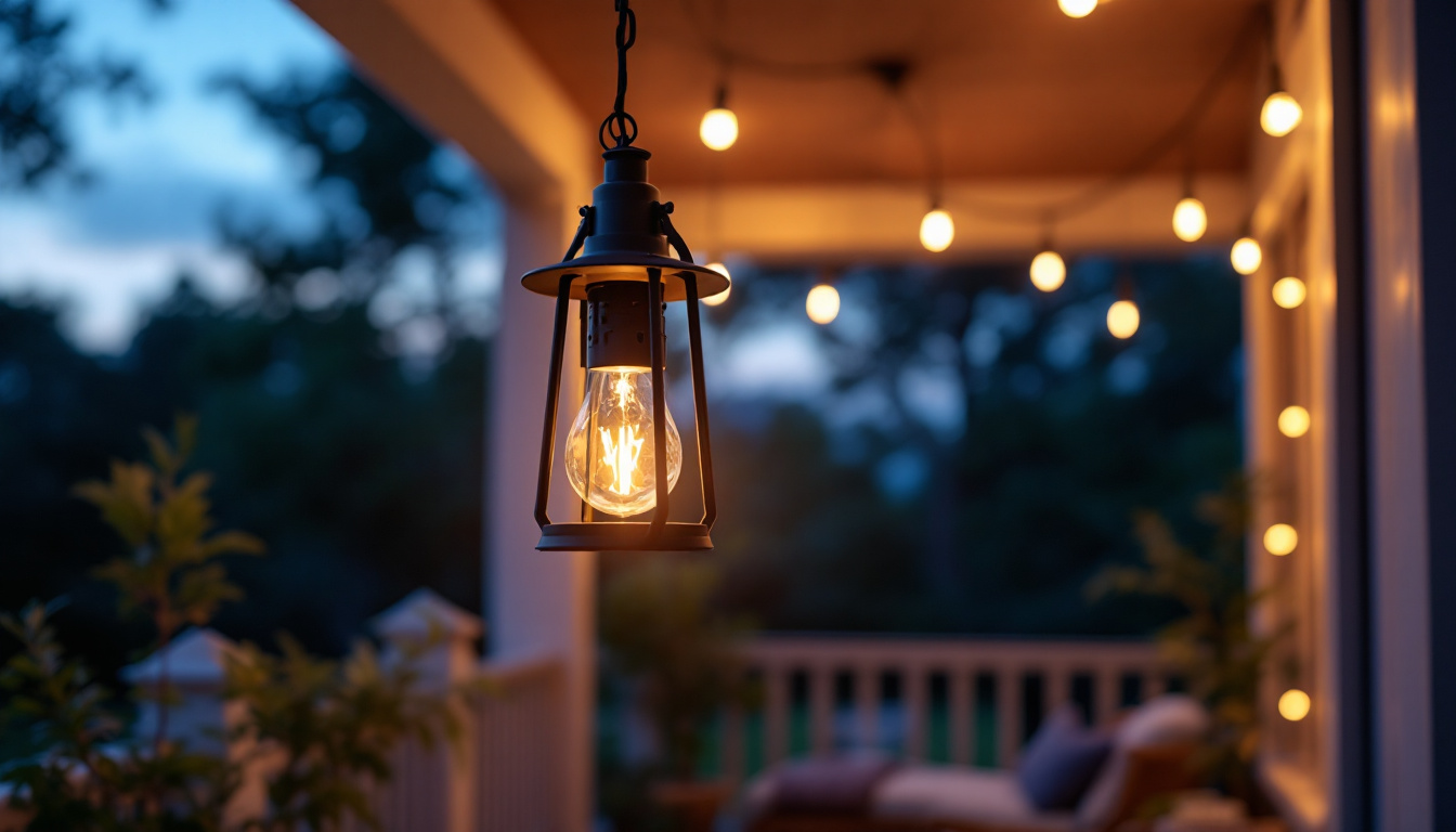 A photograph of a beautifully designed outdoor hanging porch lantern illuminated at dusk