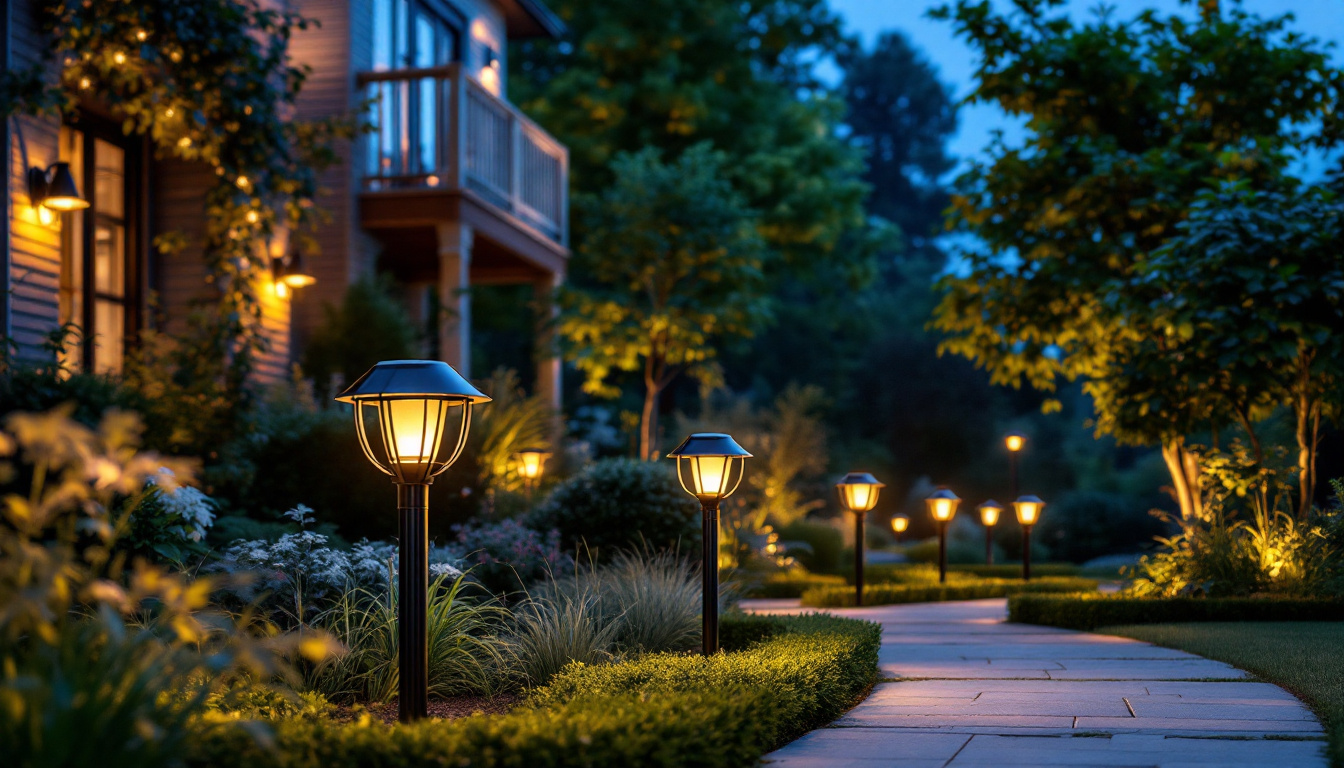 A photograph of a beautifully illuminated outdoor space featuring a variety of stylish solar post lights in different designs