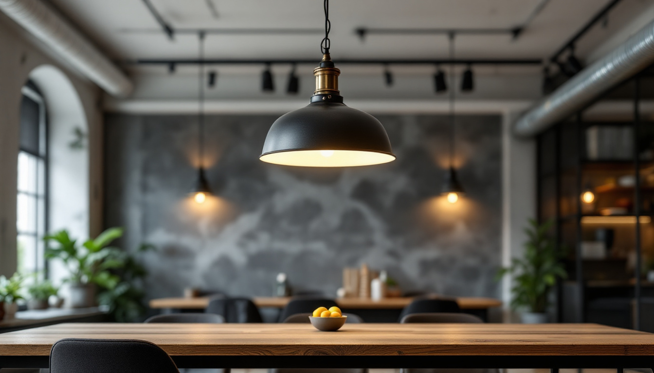A photograph of a stylish office space featuring a striking pendant light that embodies the industrial design aesthetic