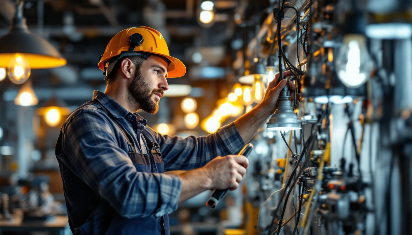 A photograph of a skilled electrical engineer inspecting and maintaining a variety of lighting fixtures in a modern workspace