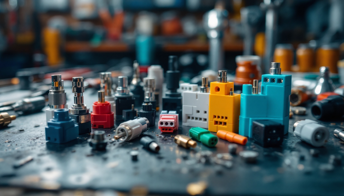 A photograph of a diverse array of electrical connectors arranged aesthetically on a workbench