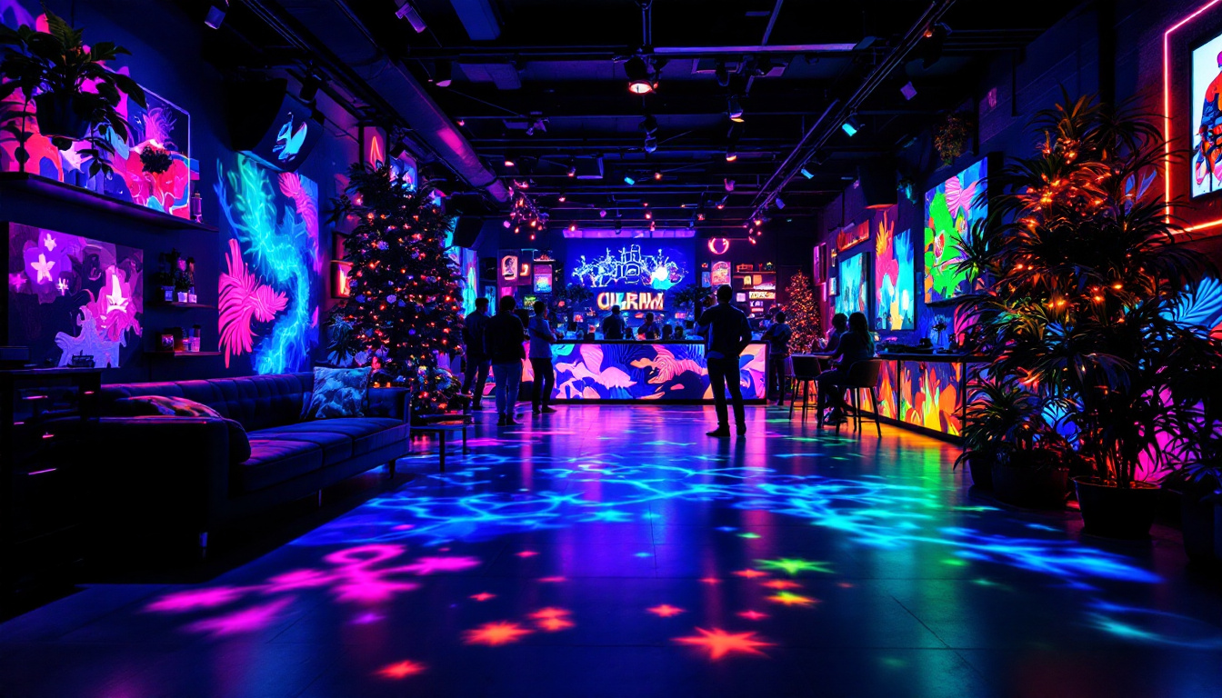 A photograph of a vibrant indoor or outdoor setting illuminated by uv lights