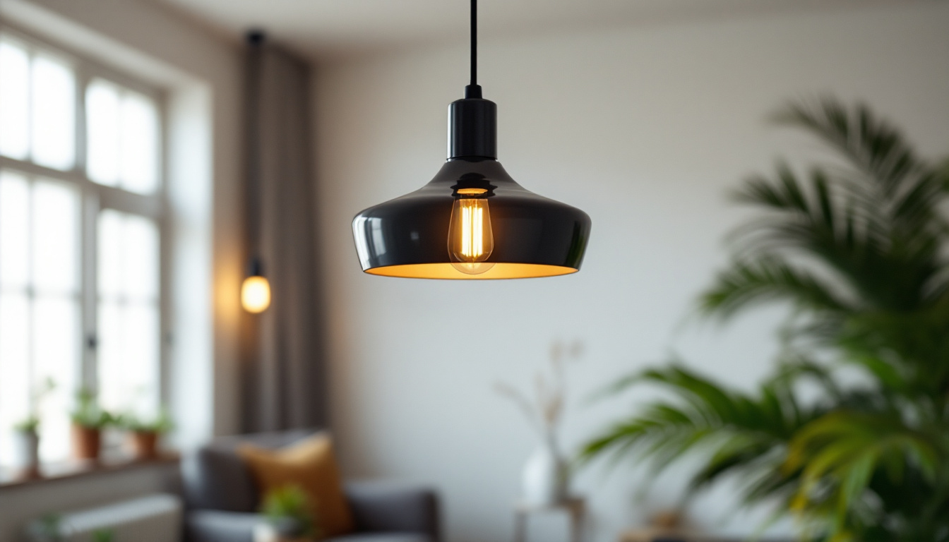 A photograph of a stylish pendant lamp hanging in a modern interior setting