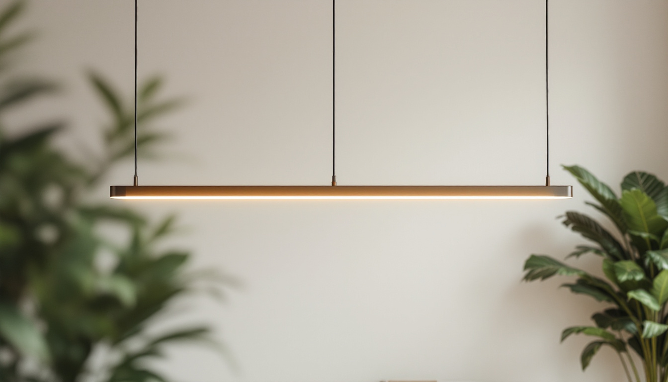 A photograph of a beautifully designed long pendant light fixture hanging in a stylish interior setting