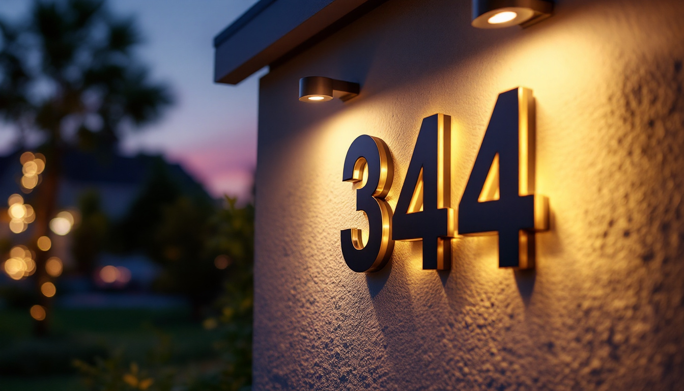 A photograph of a beautifully illuminated house number sign powered by solar lights