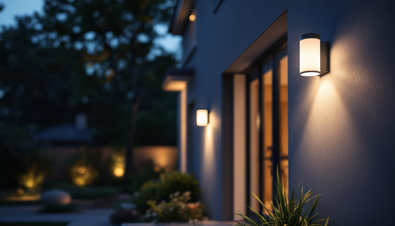 A photograph of a well-lit outdoor scene featuring motion sensors integrated into stylish outdoor lighting fixtures