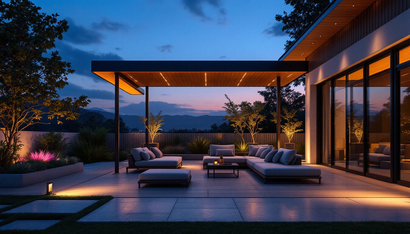 A photograph of a beautifully designed outdoor patio illuminated by solar-powered lights at dusk