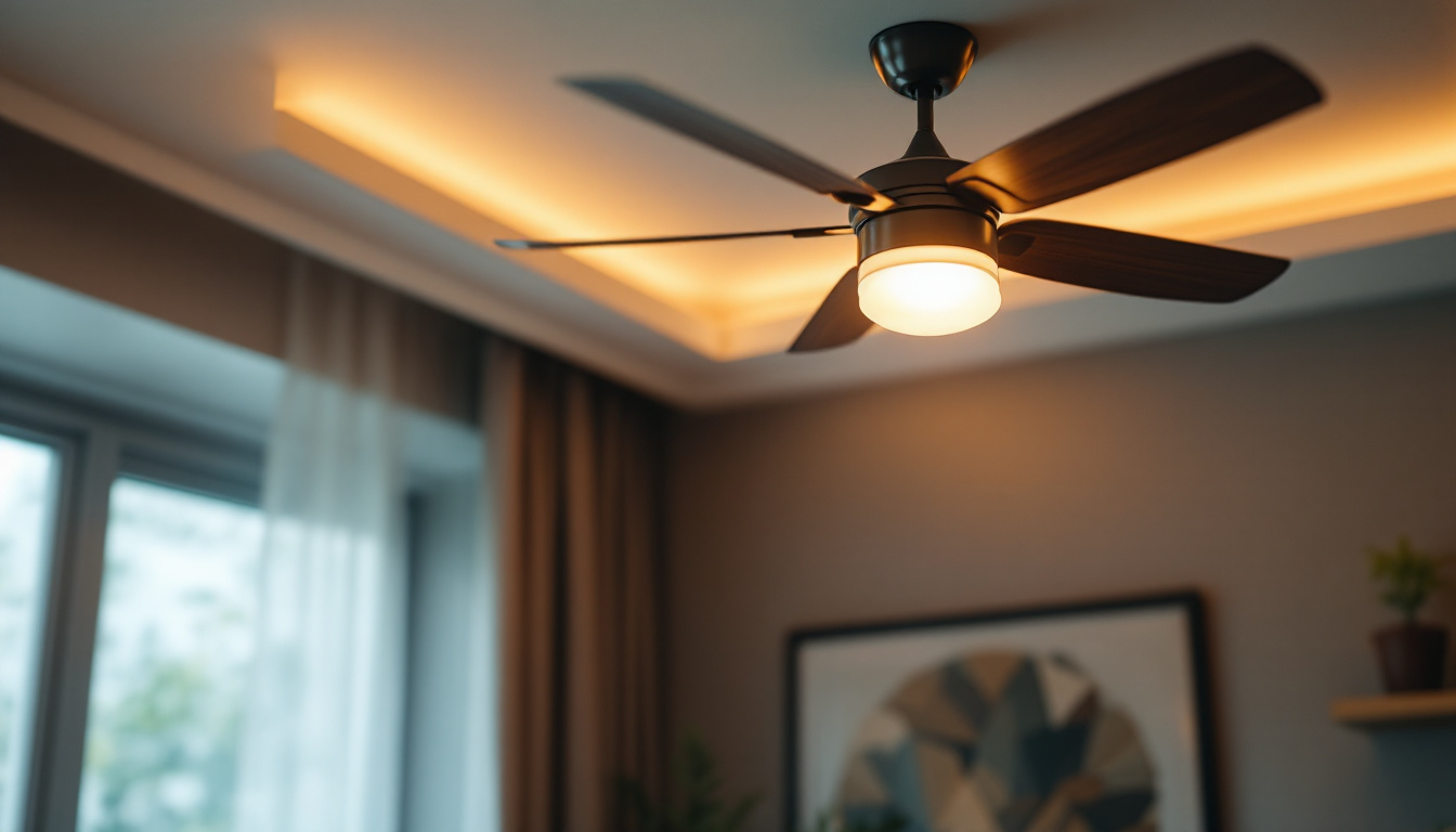A photograph of a stylish decorative ceiling fan with integrated lighting in a tastefully designed room