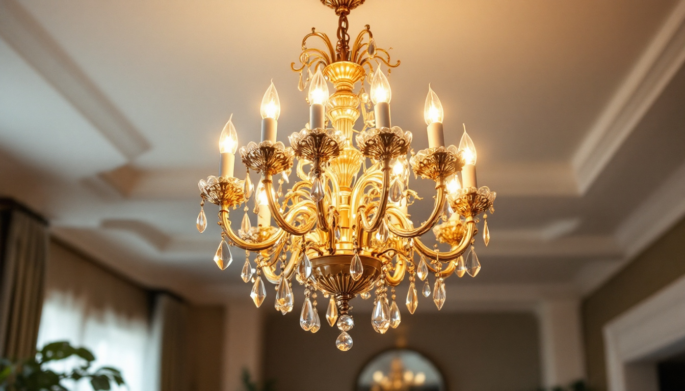 A photograph of a beautifully designed chandelier featuring intricate details and a warm glow