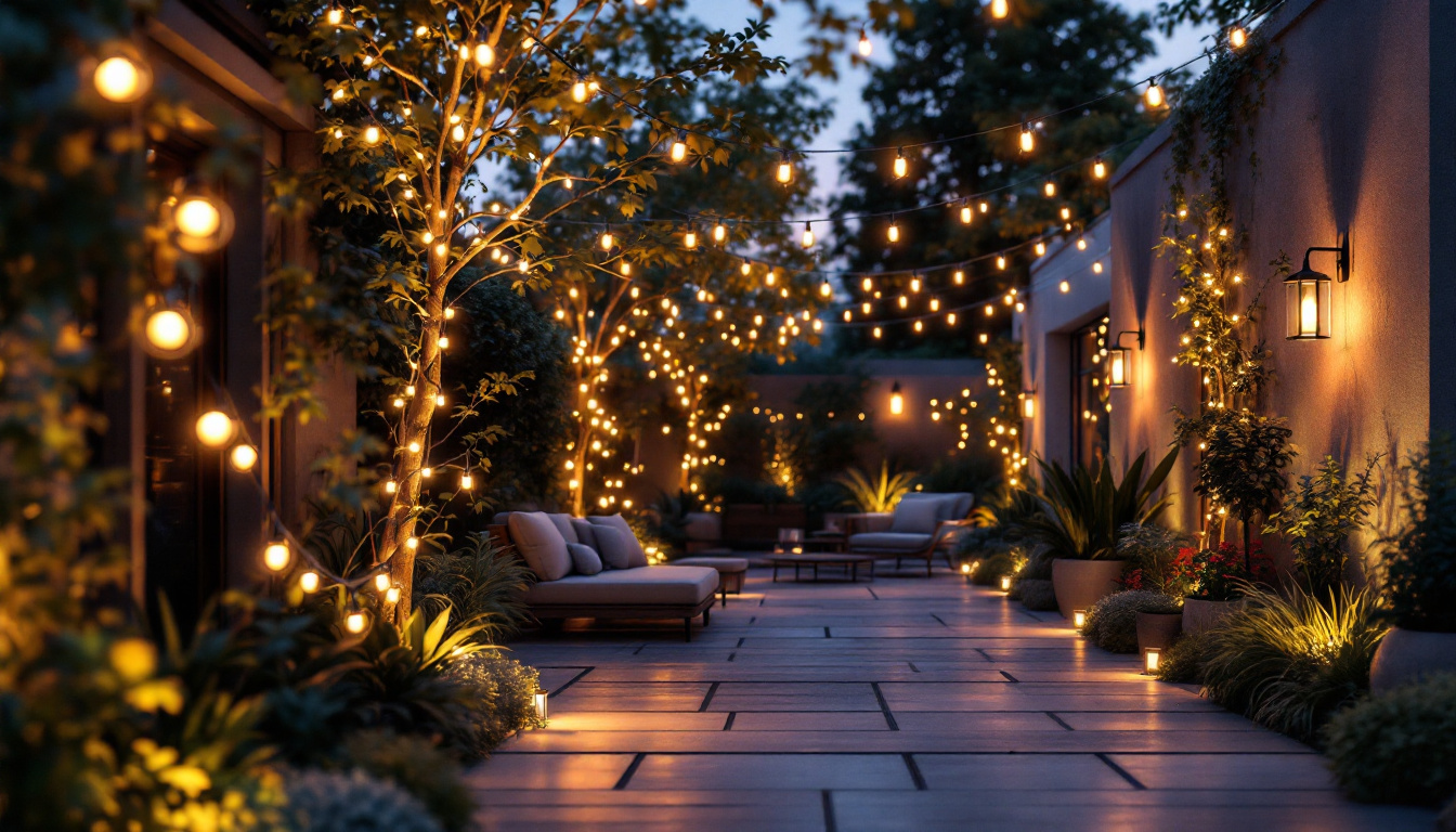 A photograph of a beautifully illuminated outdoor space featuring various types of lighting connections