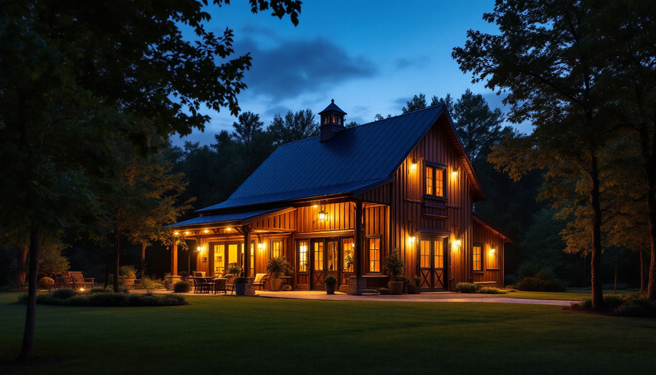 A photograph of a beautifully lit barn exterior at dusk