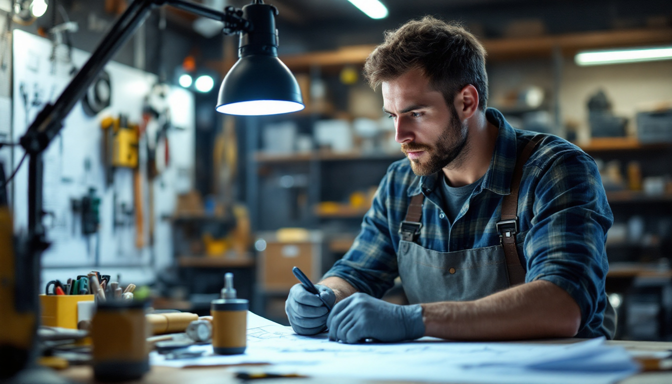 A photograph of a well-lit workspace featuring an electrical engineer examining a high-quality shop work light