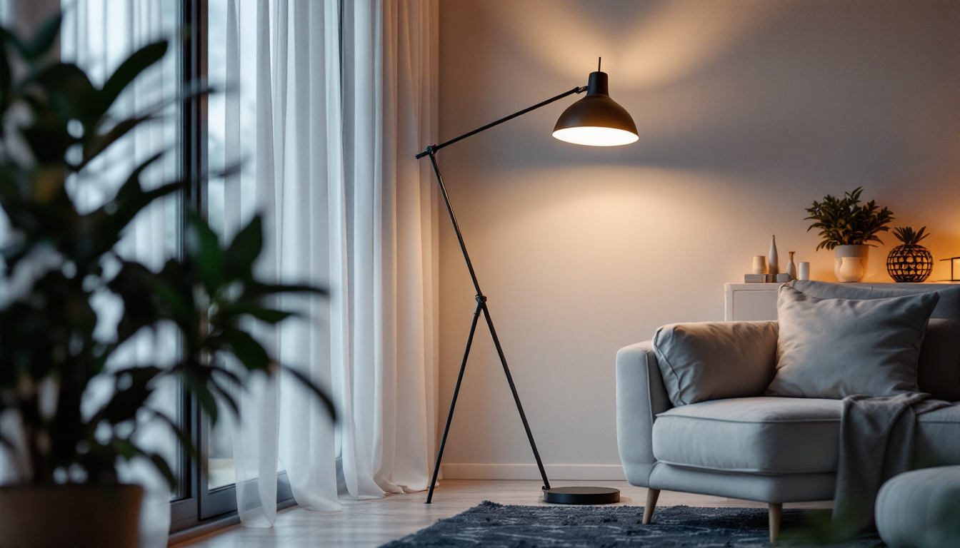 A photograph of capture a photograph of a stylishly designed floor lamp in a well-lit interior setting