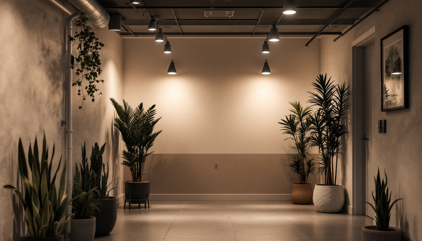 A photograph of a well-lit basement featuring modern pot lights