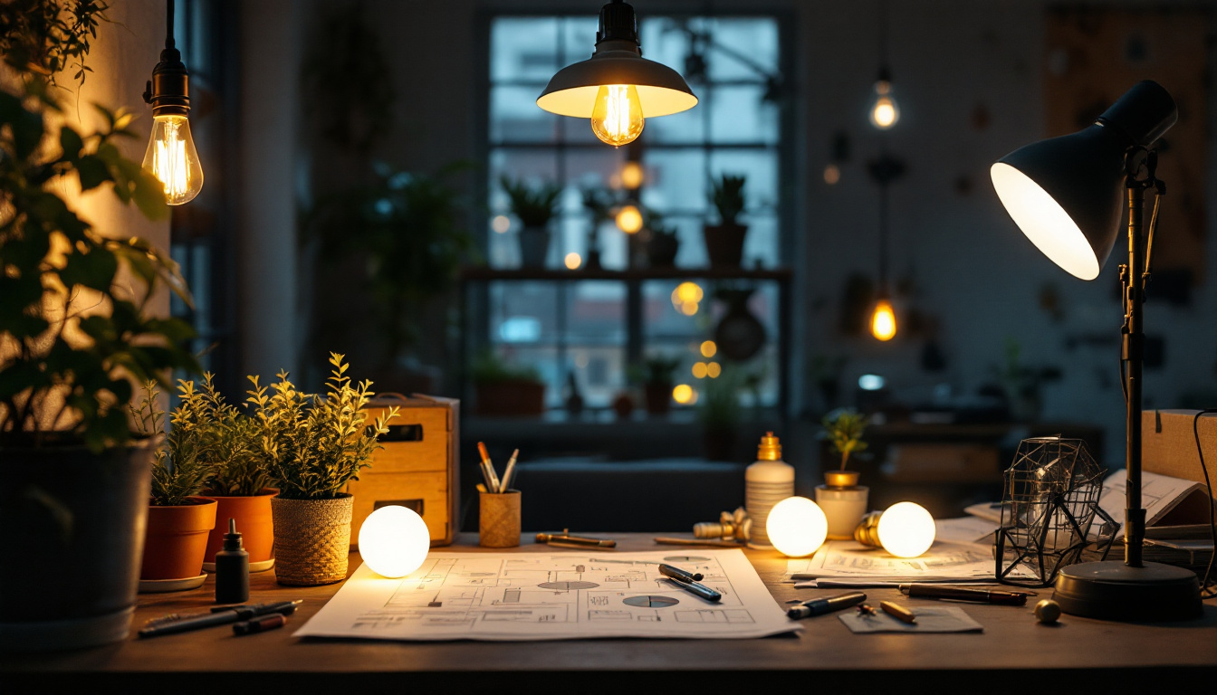 A photograph of a well-lit workspace featuring various light bulbs in use