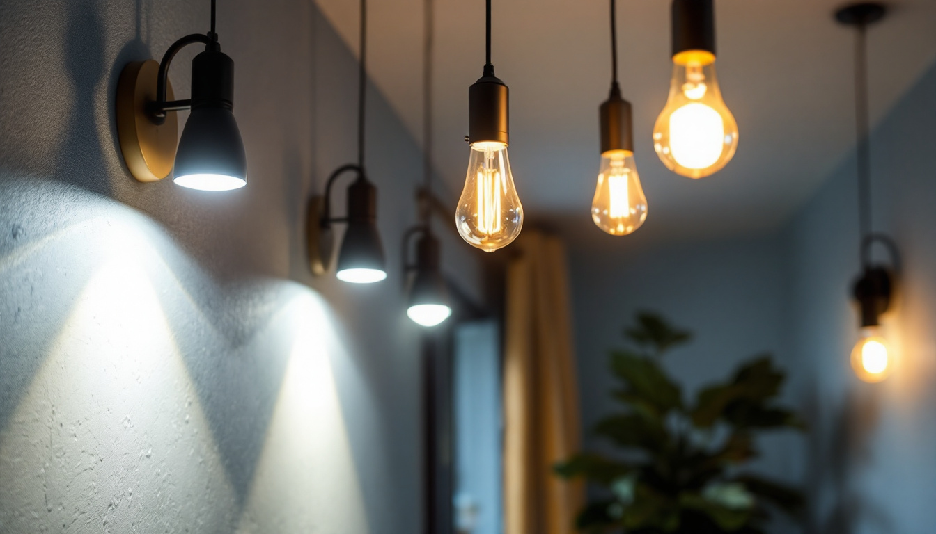 A photograph of a well-lit interior space featuring stylish led bulbs in various fixtures